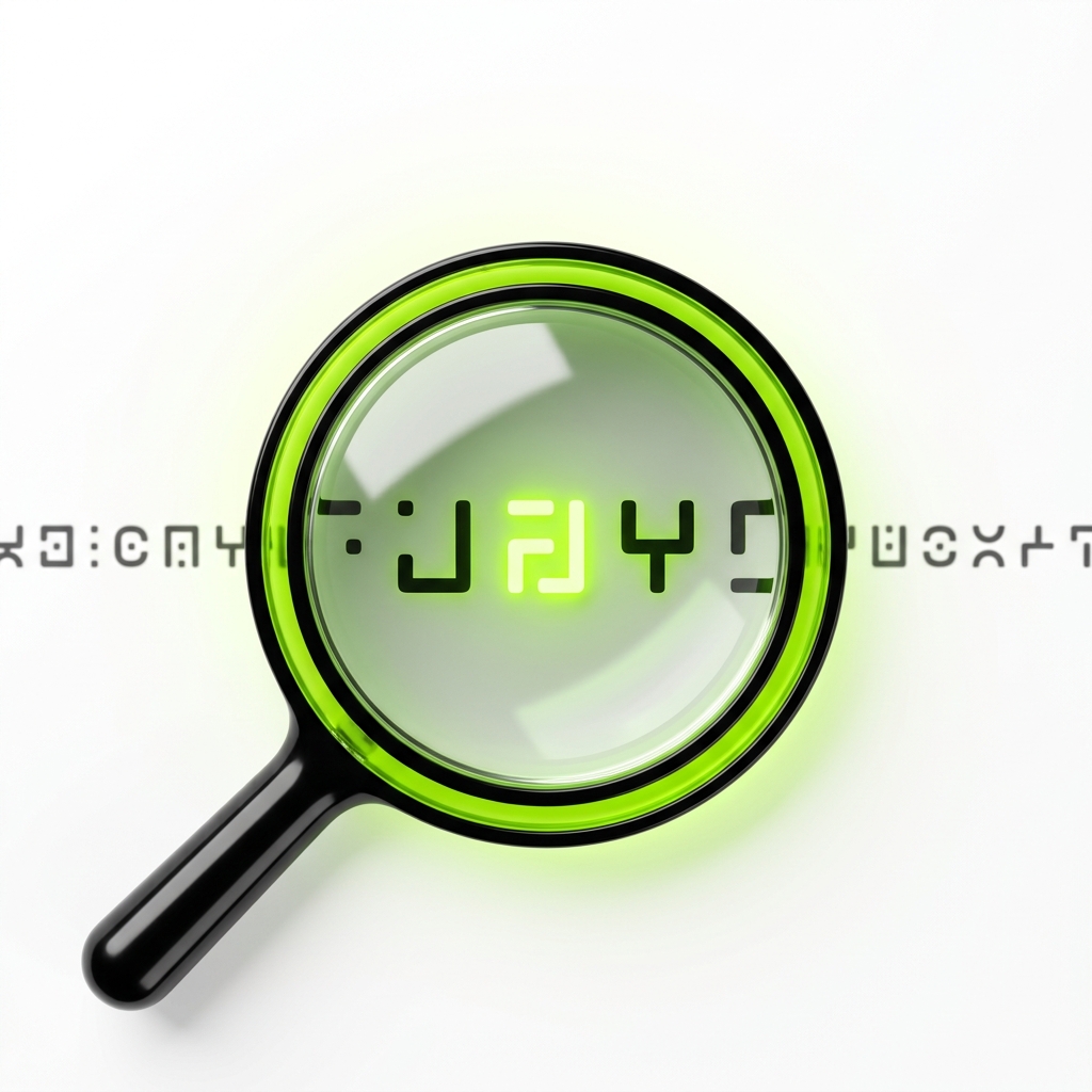 A black glass magnifying glass with a glowing lime rim over a row of address glyphs, three of them magnified under the lens